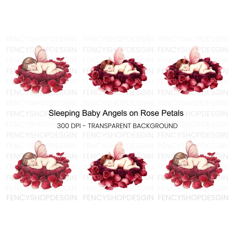Sleeping Baby Angels on Rose Petals Clipart Bundle