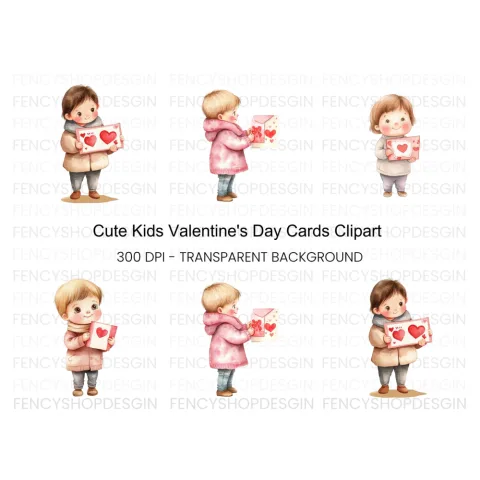 Cute Kids with Valentine Day Cards Clipart Bundle