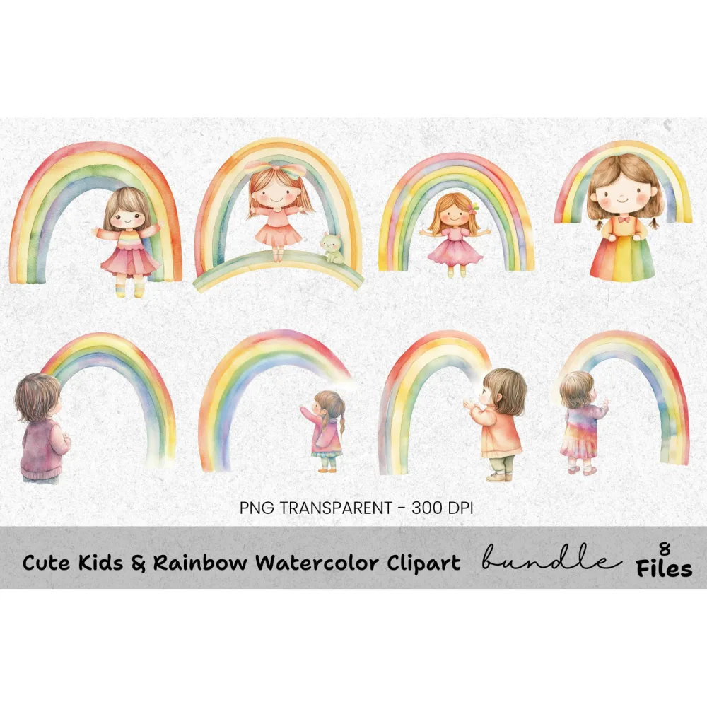 Cute Kids Rainbow Clipart Bundle