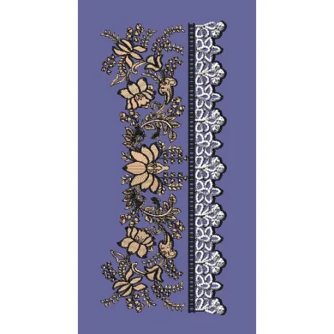 Intricate Floral Vine and Scalloped Lace Border Embroidery Design