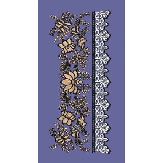 Intricate Floral Vine and Scalloped Lace Border Embroidery Design