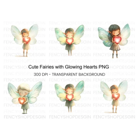Cute Fairies with Glowing Hearts Clipart Bundle