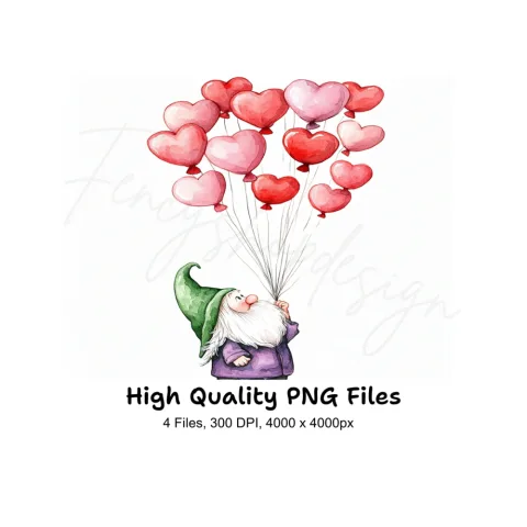 Gnome with Heart Balloons Clipart Bundle