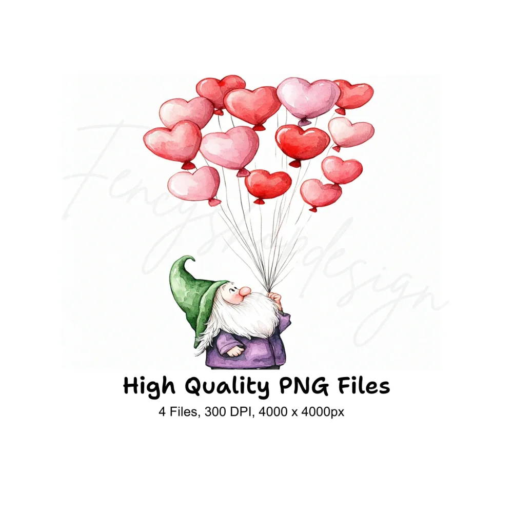 Gnome with Heart Balloons Clipart Bundle