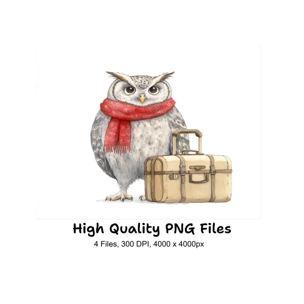 Cute Owls with Scarves and Suitcases Clipart Bundle
