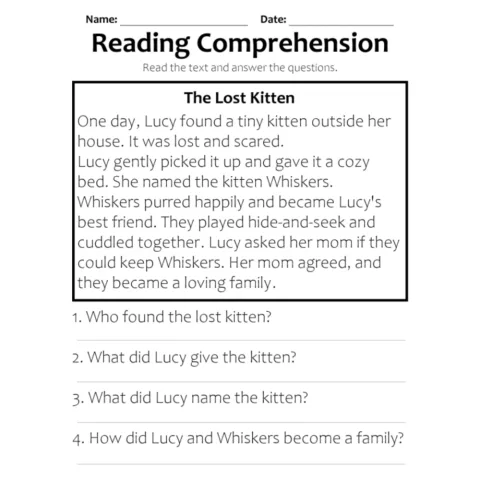 The Lost Kitten Reading Comprehension Worksheet