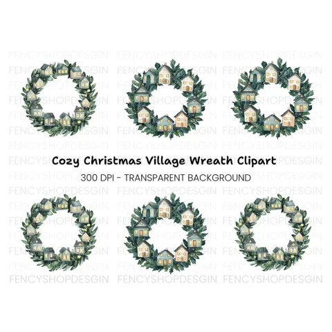 Christmas Village Wreaths Clipart Bundle