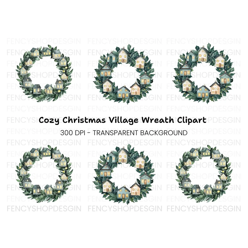 Christmas Village Wreaths Clipart Bundle
