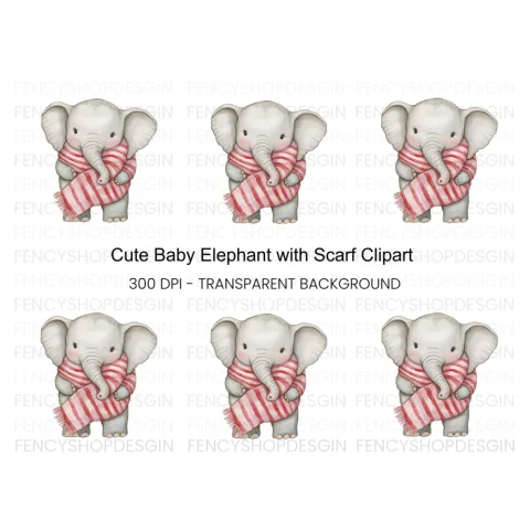 Cute Baby Elephant with Scarf Clipart Bundle