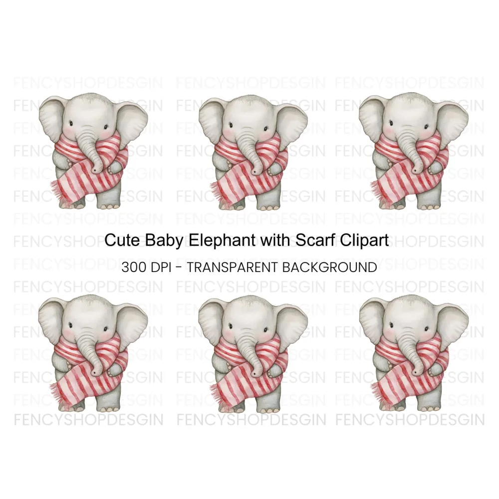 Cute Baby Elephant with Scarf Clipart Bundle