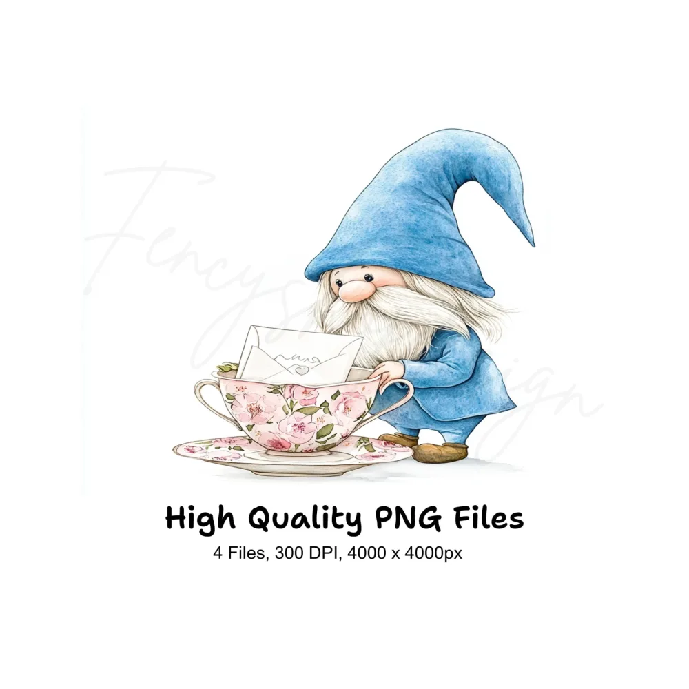Cute Gnomes with Teacups Clipart Bundle