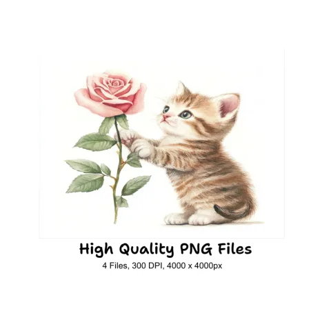 Cute Kittens with Pink Roses Clipart Bundle