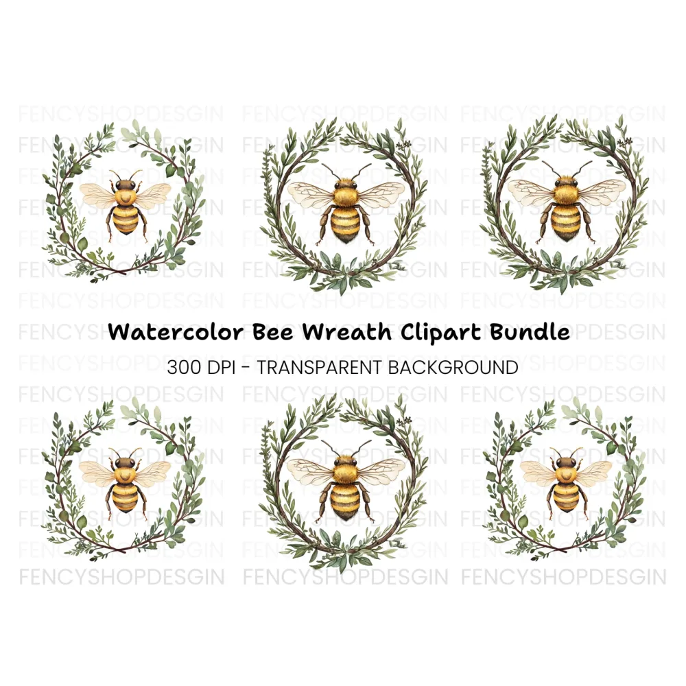 Two Bees in Botanical Wreaths Clipart Bundle