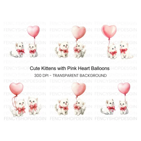Cute Kittens with Pink Heart Balloons Clipart Bundle