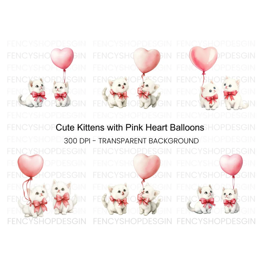 Cute Kittens with Pink Heart Balloons Clipart Bundle