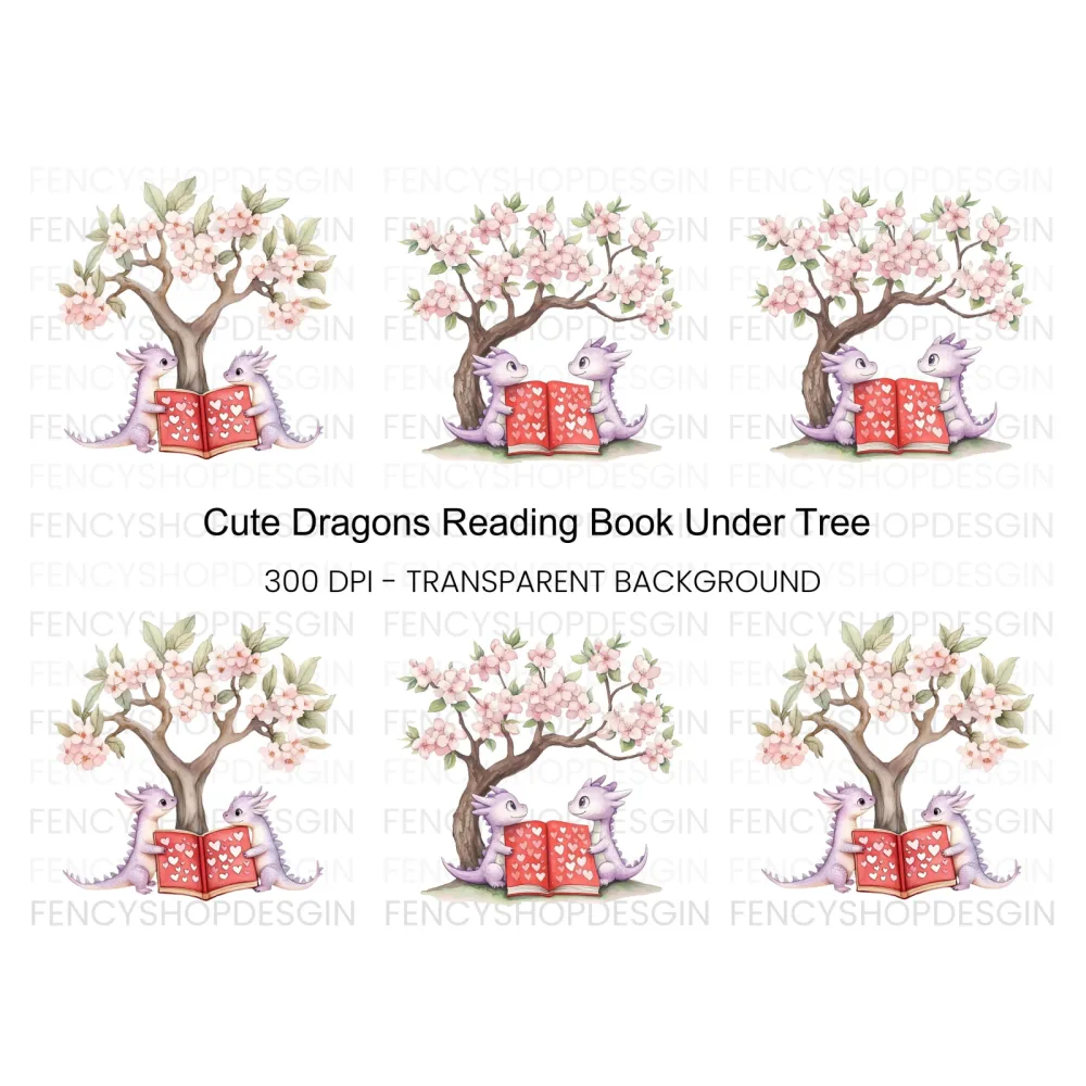 Cute Dragons Reading Under Cherry Tree Clipart Bundle