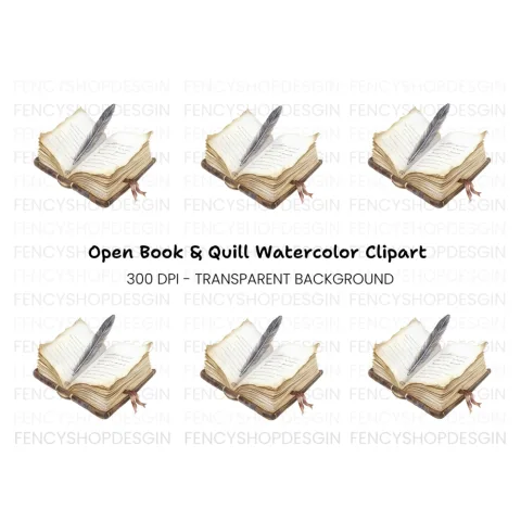 Vintage Open Book and Quill Clipart Bundle