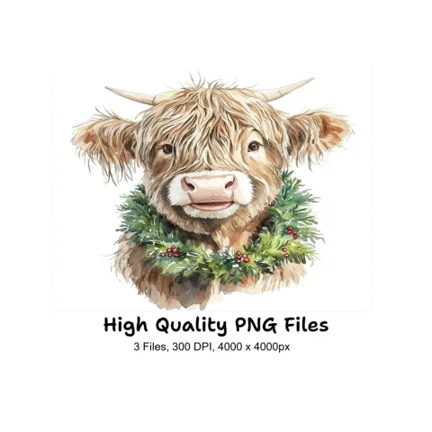 Highland Cow Christmas Wreath Clipart Bundle
