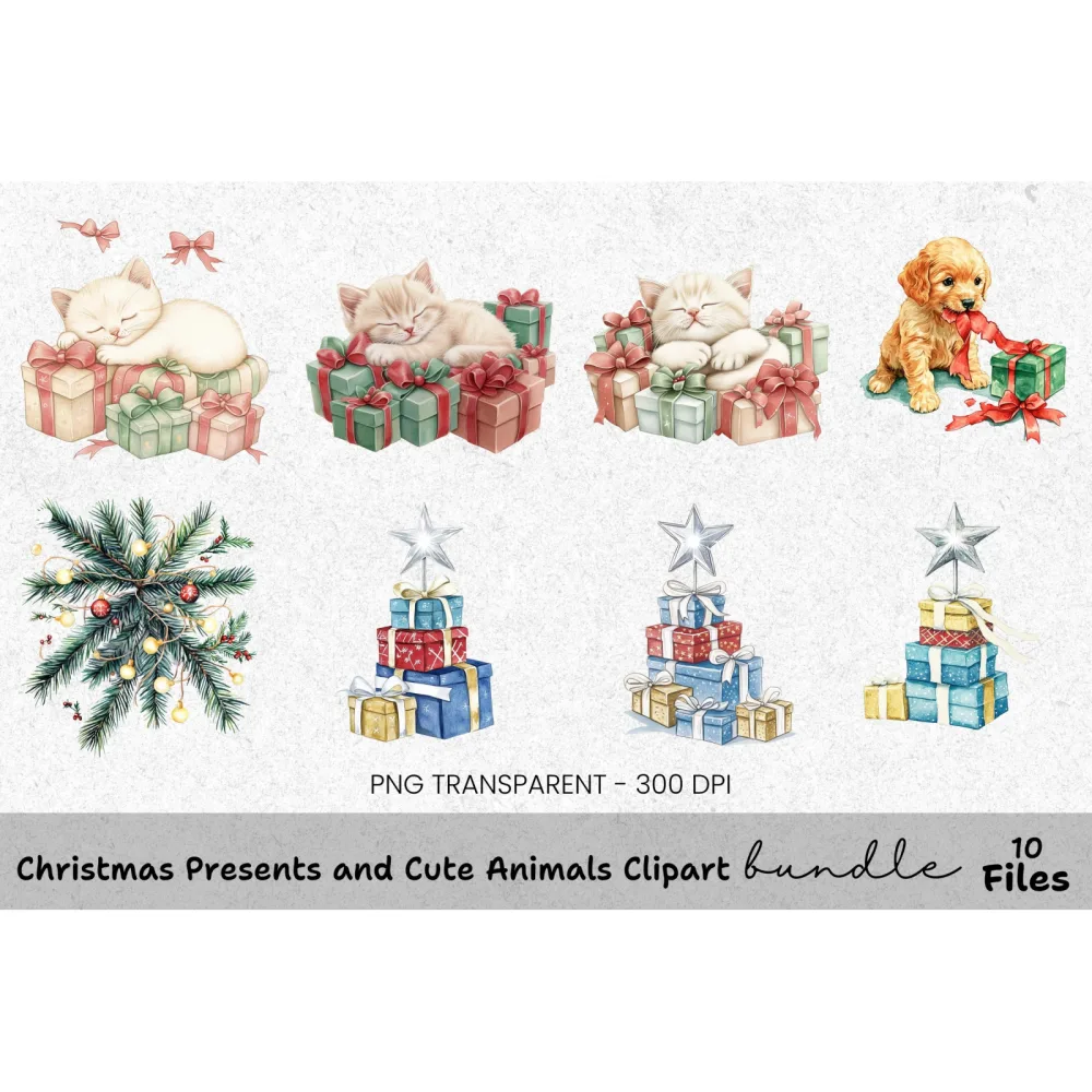 Christmas Presents & Cute Animals Clipart Bundle