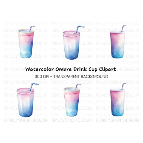 Gradient Drink Cups with Straws Clipart Bundle