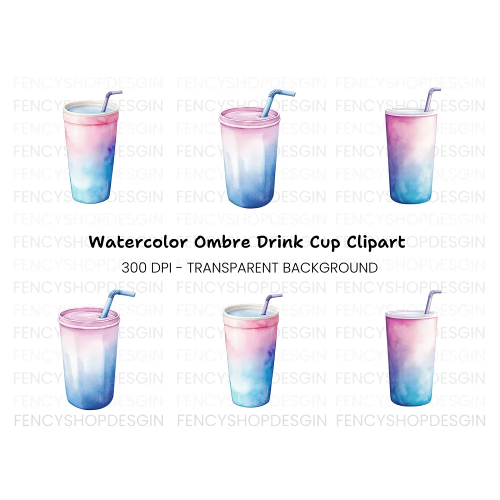 Gradient Drink Cups with Straws Clipart Bundle