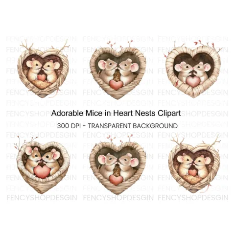 Romantic Mice in Heart Nest Clipart Bundle