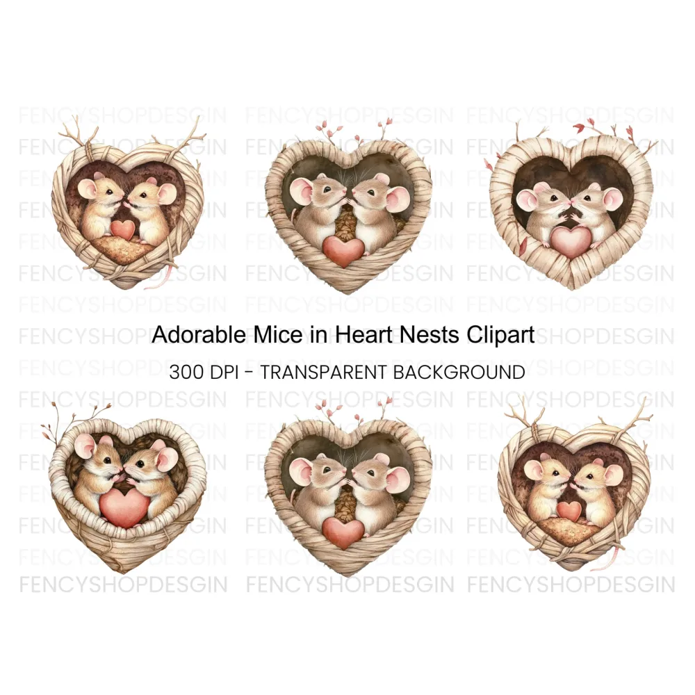 Romantic Mice in Heart Nest Clipart Bundle