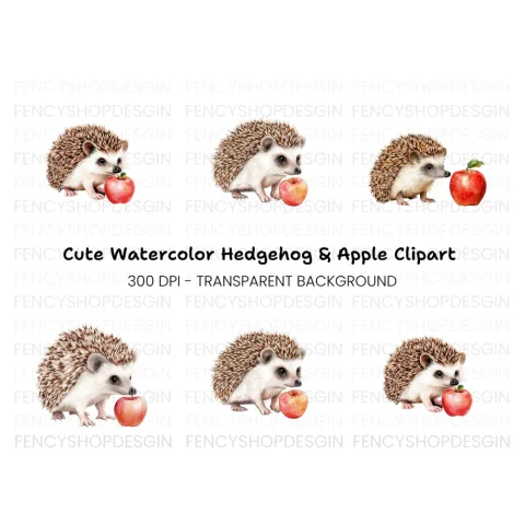 Cute Hedgehog with Apple Clipart Bundle