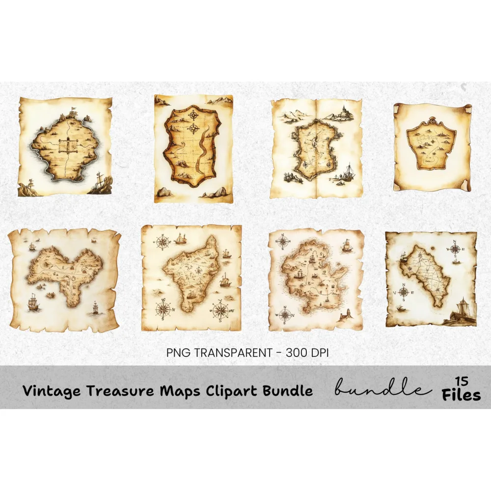 Vintage Treasure Maps Clipart Bundle