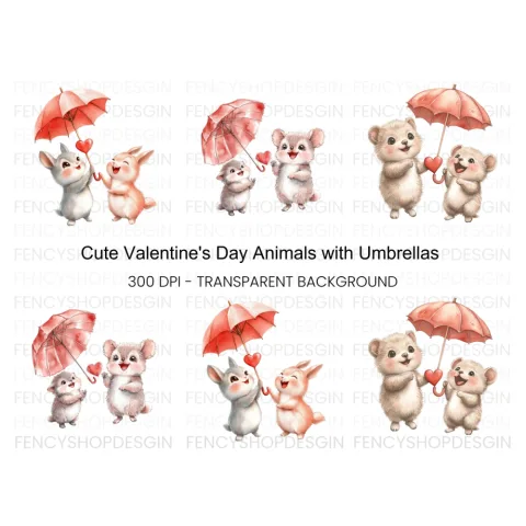 Cute Animals with Umbrellas Clipart Bundle
