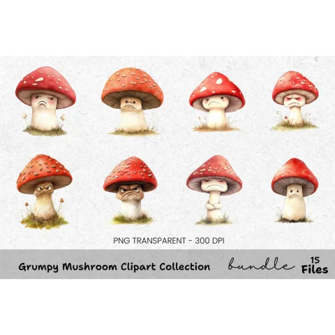 Grumpy Mushroom Clipart Bundle