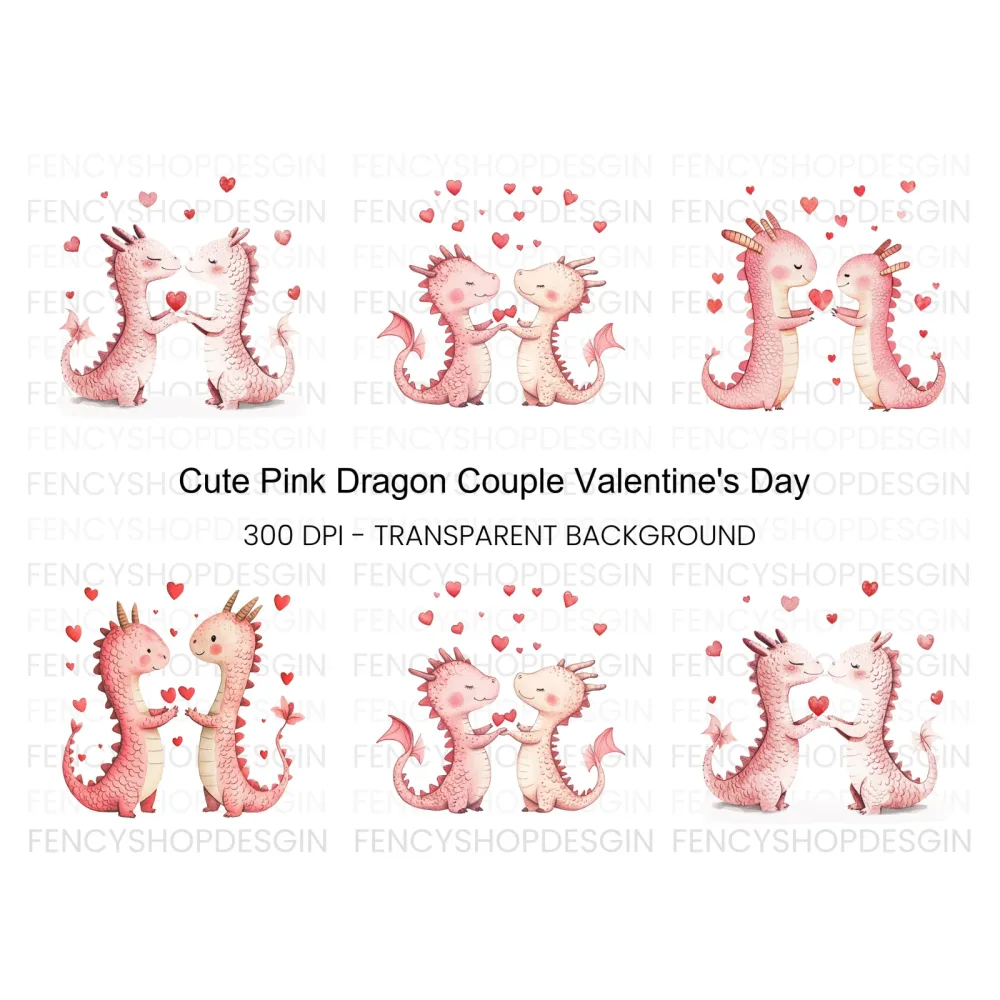 Cute Dragon Couple Love Clipart Bundle