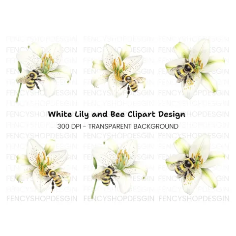 Bumblebees on White Lilies Clipart Bundle