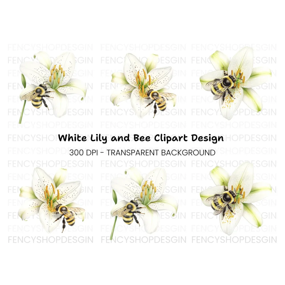 Bumblebees on White Lilies Clipart Bundle