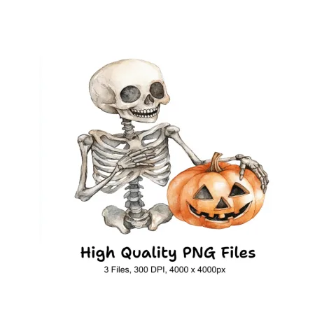 Cute Skeletons with Halloween Pumpkins Clipart Bundle