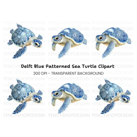 Blue White Chinoiserie Sea Turtles Clipart Bundle
