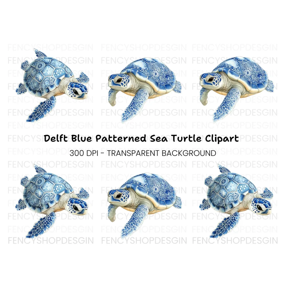 Blue White Chinoiserie Sea Turtles Clipart Bundle