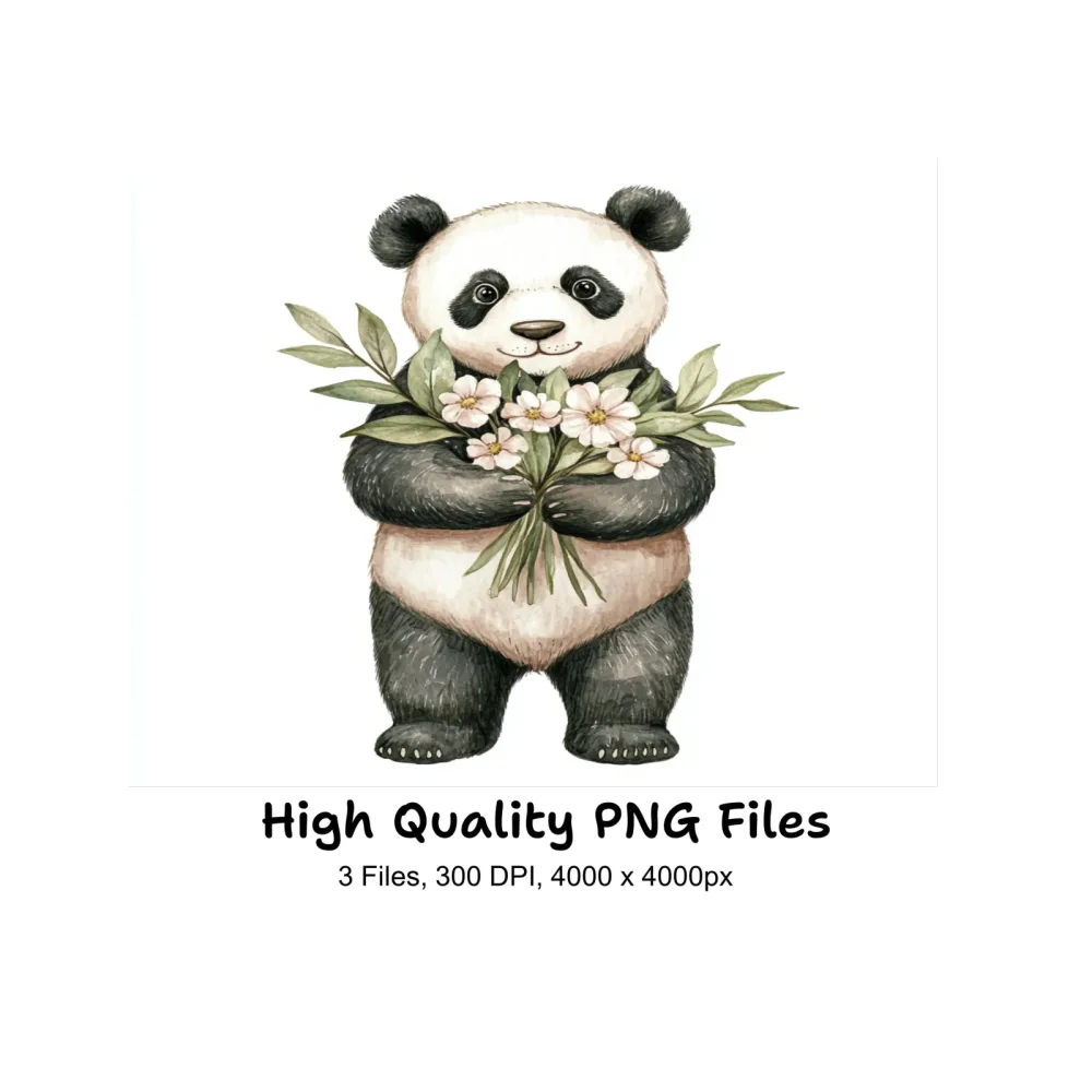 Cute Panda with Flowers Clipart Bundle
