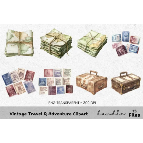 Vintage Travel Adventure Clipart Bundle