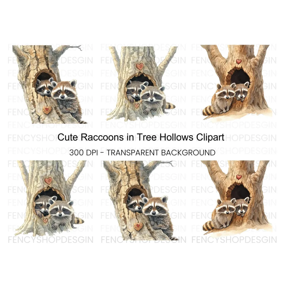 Raccoon Couple in Tree Hole Clipart Bundle
