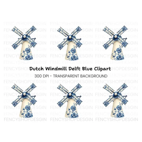 Dutch Windmill Blue Floral Clipart Bundle