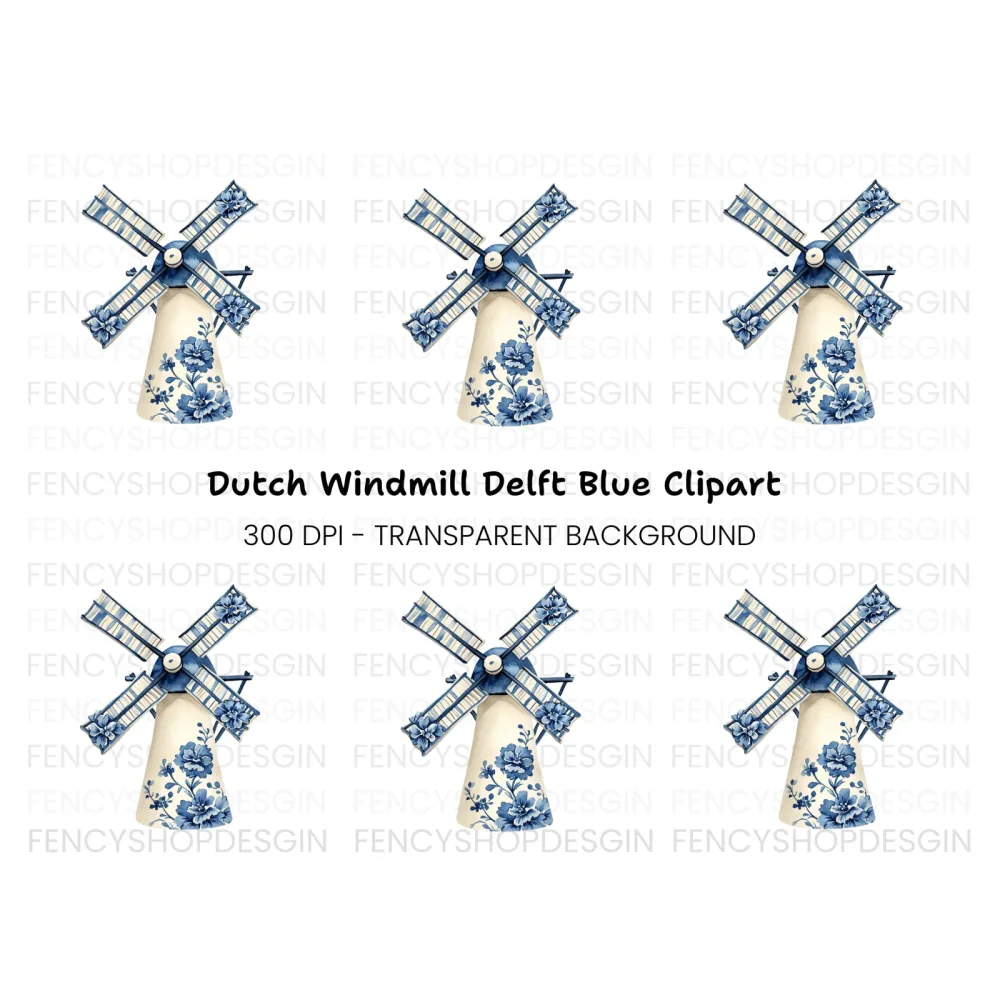 Dutch Windmill Blue Floral Clipart Bundle