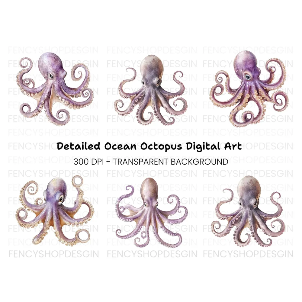 Purple Octopus Illustrations Clipart Bundle