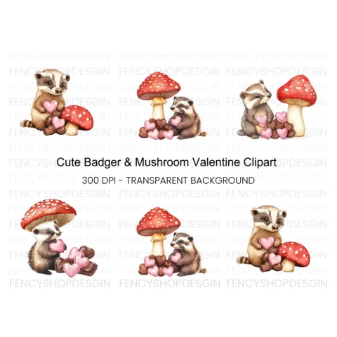 Cute Badger Mushroom Valentine Clipart Bundle