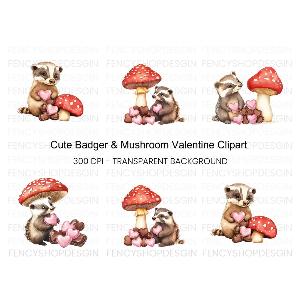 Cute Badger Mushroom Valentine Clipart Bundle
