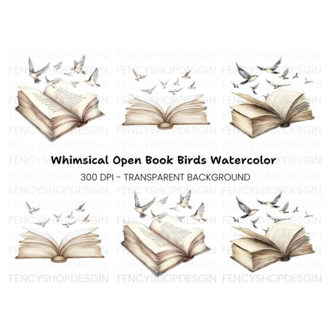 Vintage Books and Flying Birds Clipart Bundle