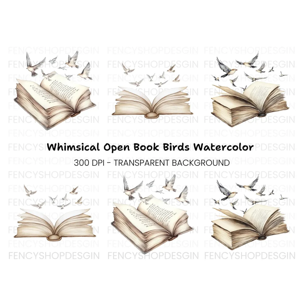 Vintage Books and Flying Birds Clipart Bundle