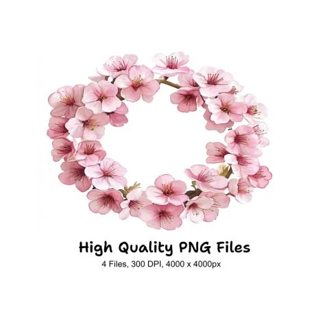 Pink Cherry Blossom Wreath Clipart Bundle