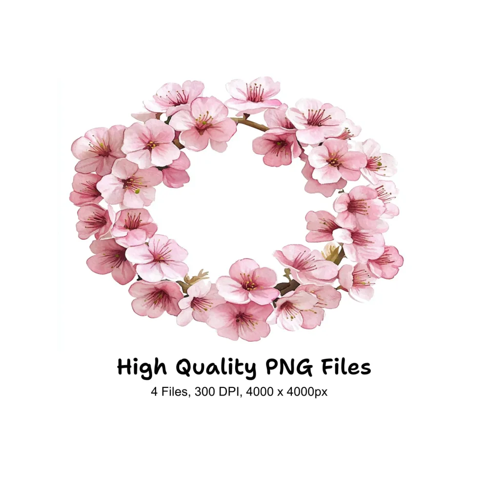Pink Cherry Blossom Wreath Clipart Bundle