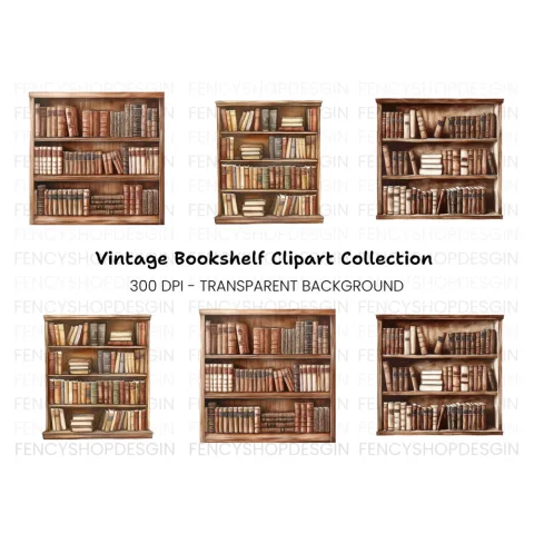 Vintage Bookshelf Clipart Bundle